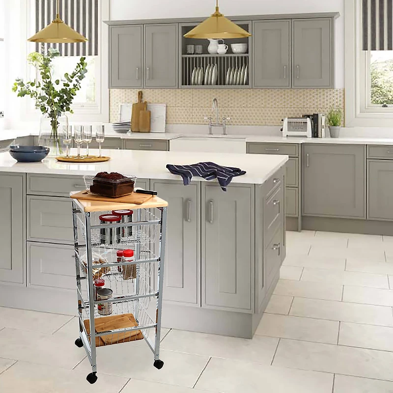 Mind Reader 34" Silver 4-Tier Wire Basket Cart with Wood Surface