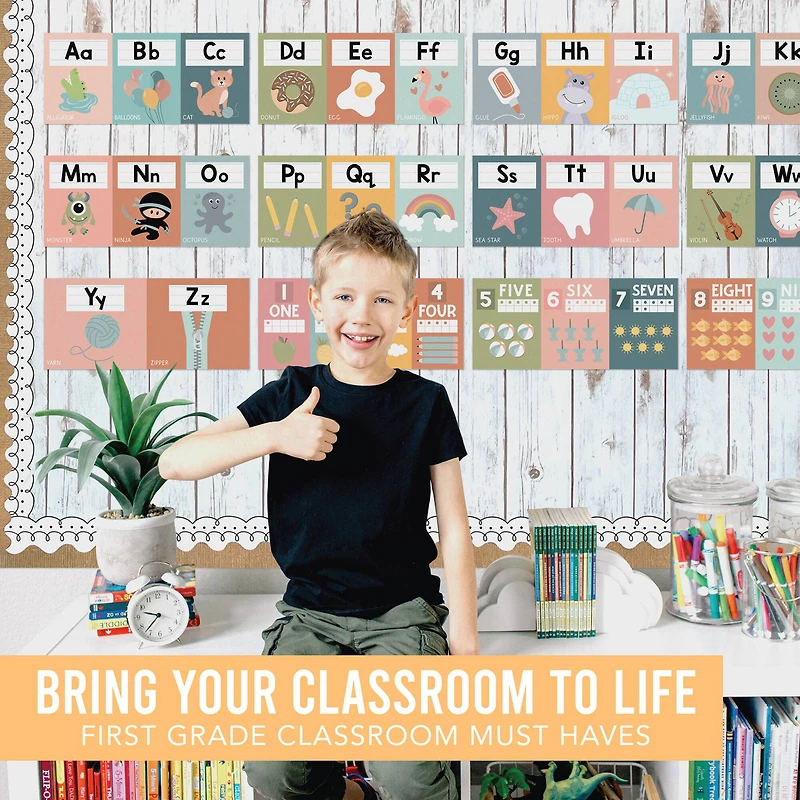 Hadley Designs 6" x 14" Boho Muted Number Line & Alphabet Letters for Classroom Wall Set