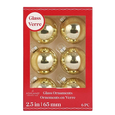 6 Pack 2.5" Gold Shiny Glass Ball Ornaments by Ashland®