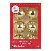 6 Pack 2.5" Gold Shiny Glass Ball Ornaments by Ashland®