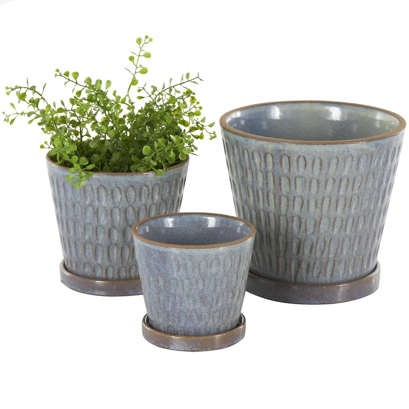 Blue Geometric Oval Patterned Ceramic Planter Set