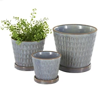 Blue Geometric Oval Patterned Ceramic Planter Set