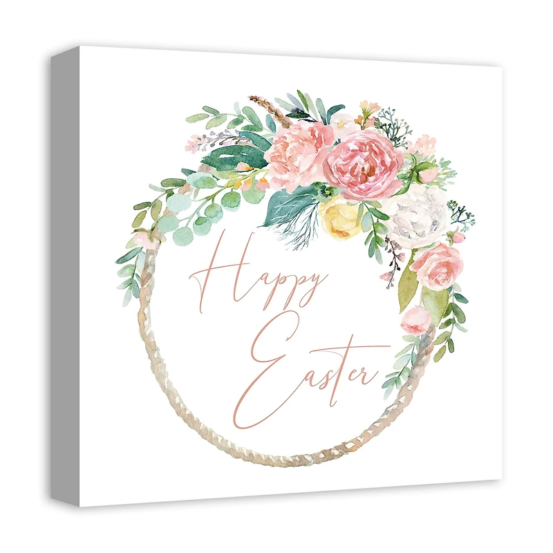 Happy Easter Floral Wreath 16" x 16" Canvas Wall Art