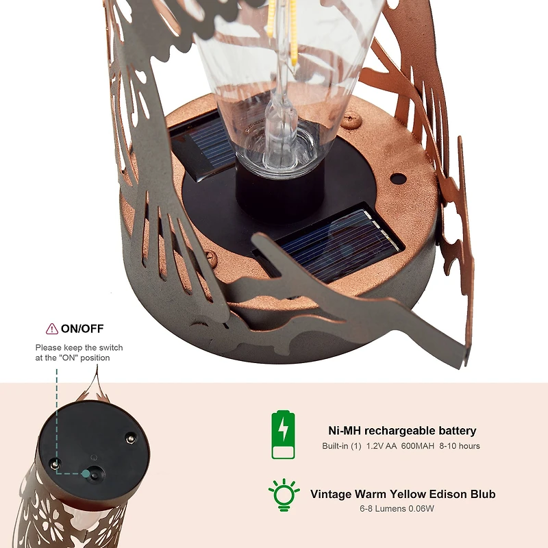 Glitzhome® 9.75" Metal Flying Hummingbird Silhouette Solar Powered Edison Bulb Outdoor Lantern