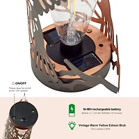 Glitzhome® 9.75" Metal Flying Hummingbird Silhouette Solar Powered Edison Bulb Outdoor Lantern