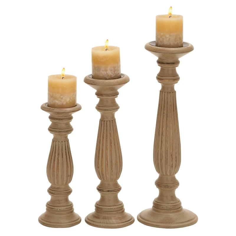 Brown Mango Wood Traditional Candle Holder Set
