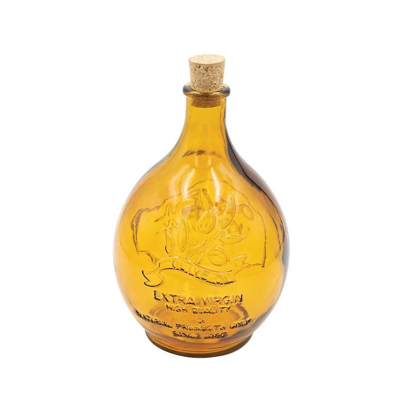 Hello Honey® 7" Amber Olive Oil Embossed Reclaimed Glass Bottle with Cork