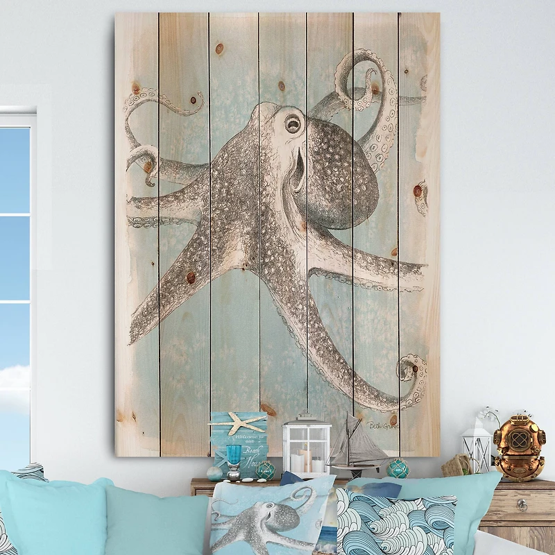 Designart - Coastal Sea Life II octopus sketches - Nautical & Coastal Print on Natural Pine Wood