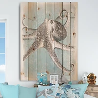 Designart - Coastal Sea Life II octopus sketches - Nautical & Coastal Print on Natural Pine Wood