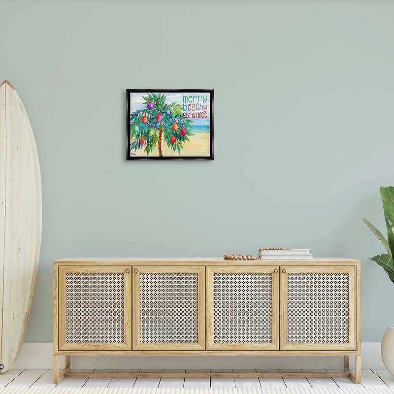 Stupell Industries Merry Beachy Christmas Holiday Palm Framed Floater Canvas Wall Art