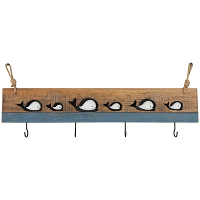 33.63" x 13.25" Brown Wood Handmade Distressed 4 Hanger Wall Hook with White Whales and Hanging Rope