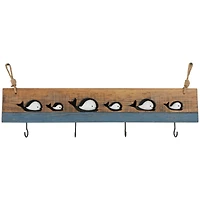 33.63" x 13.25" Brown Wood Handmade Distressed 4 Hanger Wall Hook with White Whales and Hanging Rope
