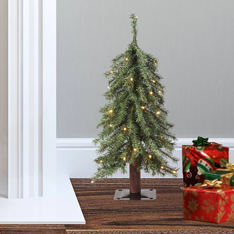 2ft. Pre-Lit Mountain Fir Artificial Christmas Tree with Natural Wood Pole, Soft White Battery Operated LED Lights 