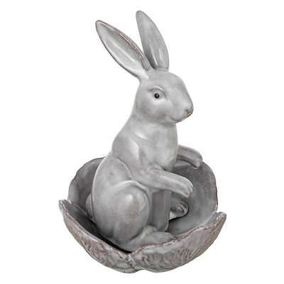 Hello Honey® 8" White Stoneware Rabbit Figurine with Flower Shaped Bowl