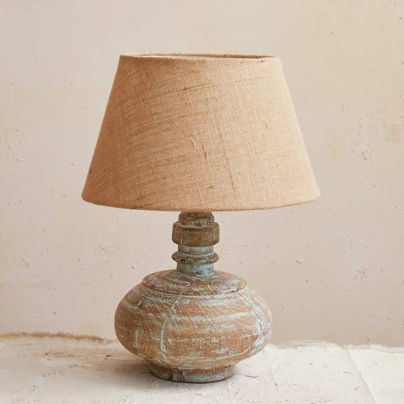 Hello Honey® 18" Whitewashed Reclaimed Wood Pot Table Lamp with Cotton Shade