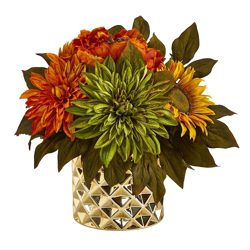 11" Peony, Dahlia & Sunflower Arrangement in Gold Vase