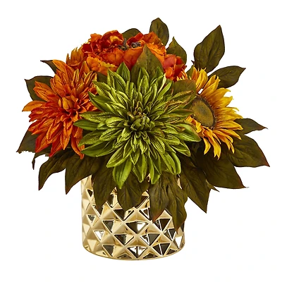 11" Peony, Dahlia & Sunflower Arrangement in Gold Vase