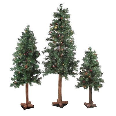 3 Pack Pre-Lit Woodland Alpine Artificial Christmas Trees, Multicolor Lights