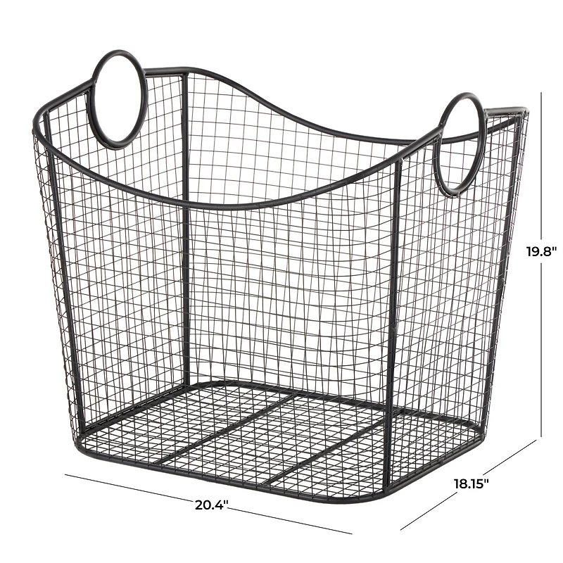 20" Black Metal Storage Basket with Curved Sides & Ring Handles