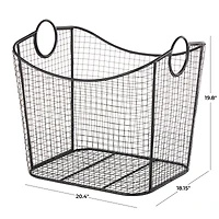 20" Black Metal Storage Basket with Curved Sides & Ring Handles