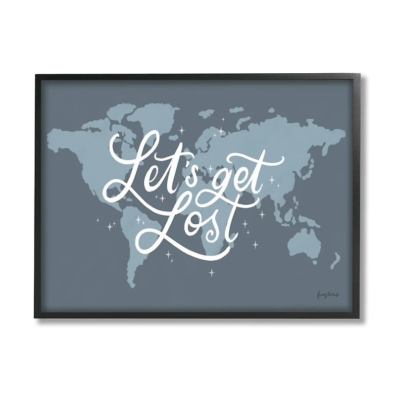 Stupell Industries Let's Get Lost Adventure Phrase Blue World Map Framed Wall Art