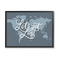 Stupell Industries Let's Get Lost Adventure Phrase Blue World Map Framed Wall Art