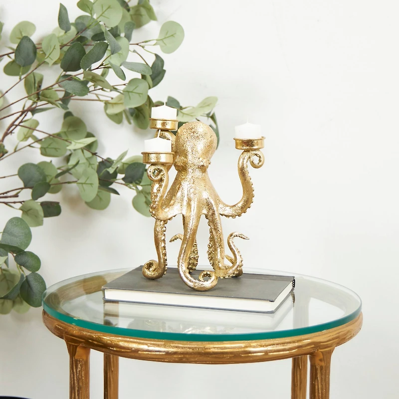 9" Gold Polystone Textured Octopus Candelabra with Tentacle Candle Slots