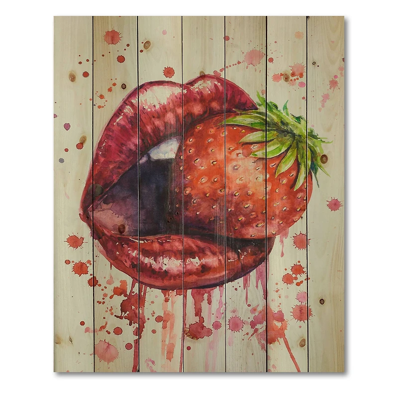 Designart - Red Woman Lips Eating A Strawberry