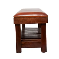 61" Brown Leather Bench with Slatted Lower Shelf