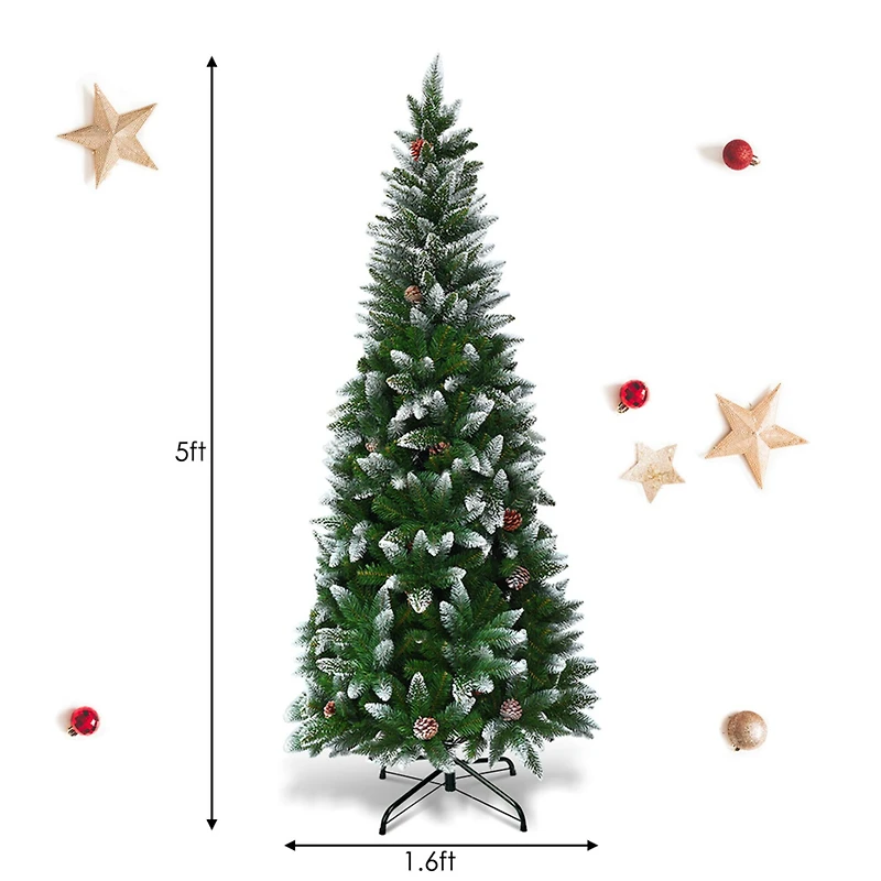Costway 5ft. Unlit Snow Flocked with Pine Cones Pencil Artificial Christmas Tree