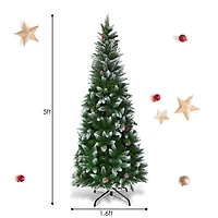 Costway 5ft. Unlit Snow Flocked with Pine Cones Pencil Artificial Christmas Tree
