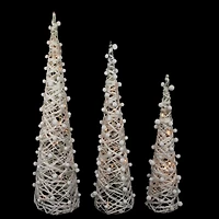23.5", 31.25", & 39.25" Pre-Lit White & Silver Cone Artificial Christmas Tree Set, Clear LED Lights