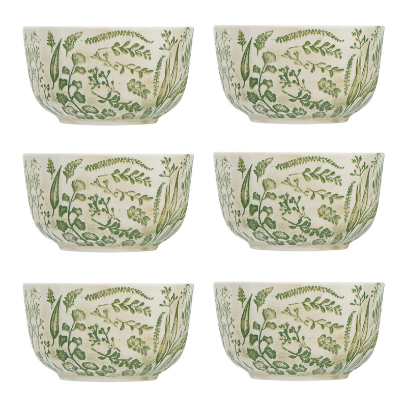 Hello Honey® White Hand Stamped & Embossed Green Pattern Stoneware Bowl Set