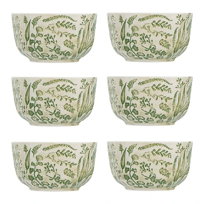 Hello Honey® White Hand Stamped & Embossed Green Pattern Stoneware Bowl Set