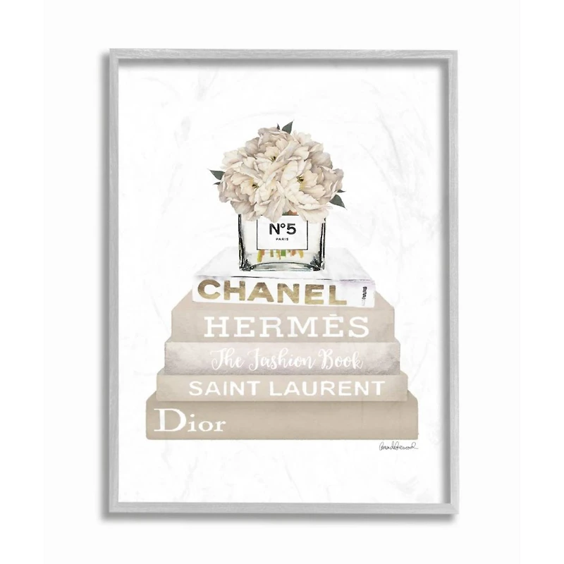 Stupell Industries High Fashion Book Stack with Tan Flowers Wall Art in Gray Frame