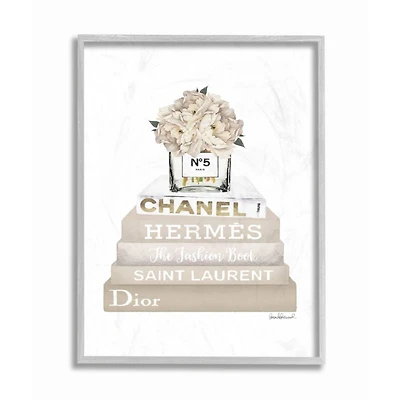 Stupell Industries High Fashion Book Stack with Tan Flowers Wall Art in Gray Frame