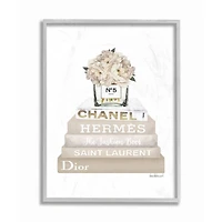 Stupell Industries High Fashion Book Stack with Tan Flowers Wall Art in Gray Frame