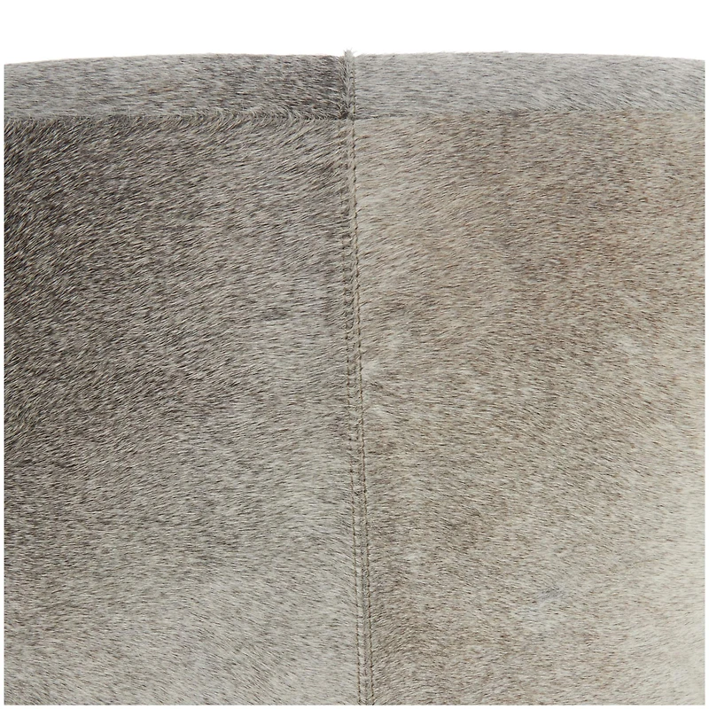 17" Gray Leather Patchwork Pouf with Silver Metal Base