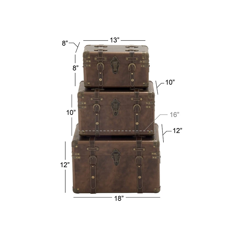 Set of 3" Brown Leather Traditional Trunk, 18", 16", 13"