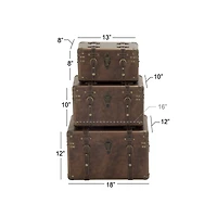Set of 3" Brown Leather Traditional Trunk, 18", 16", 13"