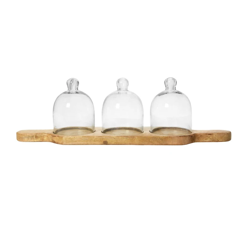 Hello Honey® Mango Wood Serving Tray with 3 Glass Cloches Set