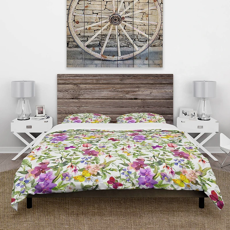 Designart 'Purple Blossoming Orchids and Yellow Butterflies' Floral Bedding Set