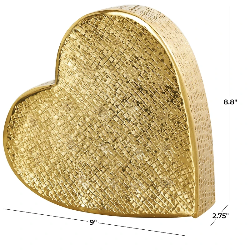 9" Gold Aluminum Slanted Heart Sculpture with Textured Exterior