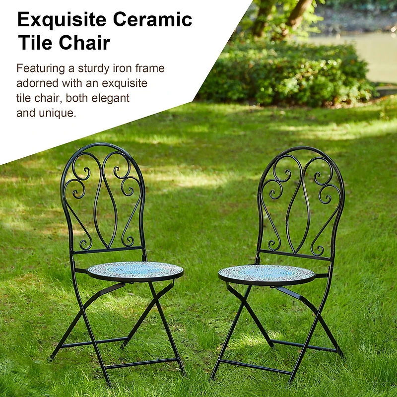 Glitzhome® 36.5" Green Outdoor Metal Folding Bistro Chairs with Ceramic Tiles Seat, 2ct.