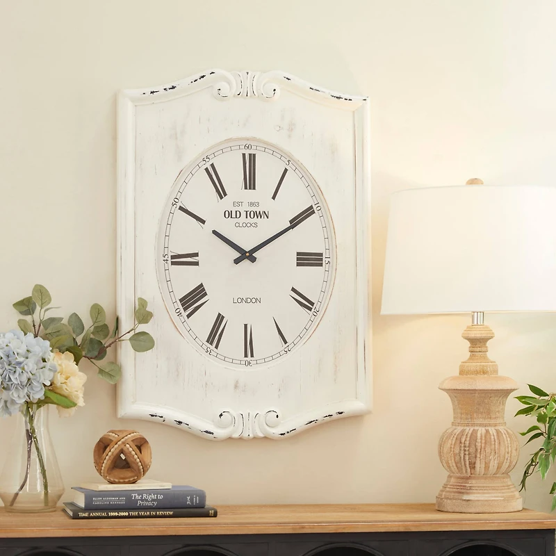 White Wood Farmhouse Wall Clock, 31" x 22" x 4"