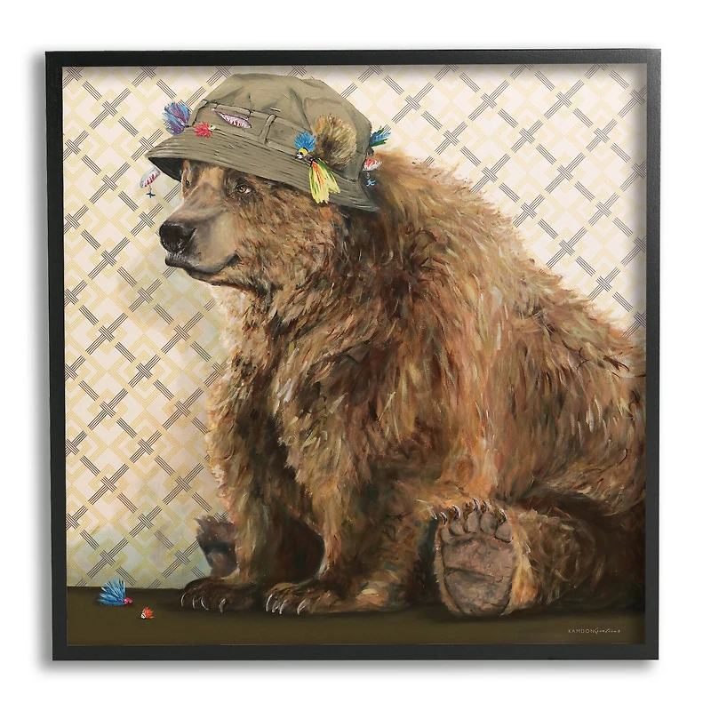 Stupell Industries Rustic Brown Bear Wearing Fisherman's Hat Geometric Pattern Framed Wall Art