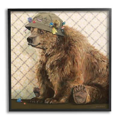 Stupell Industries Rustic Brown Bear Wearing Fisherman's Hat Geometric Pattern Framed Wall Art