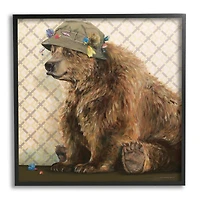 Stupell Industries Rustic Brown Bear Wearing Fisherman's Hat Geometric Pattern Framed Wall Art