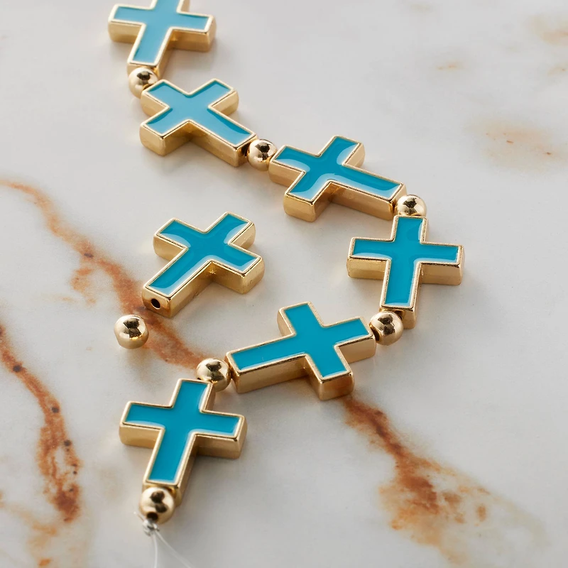 Blue Enamel Metal Cross Beads, 21mm by Bead Landing™