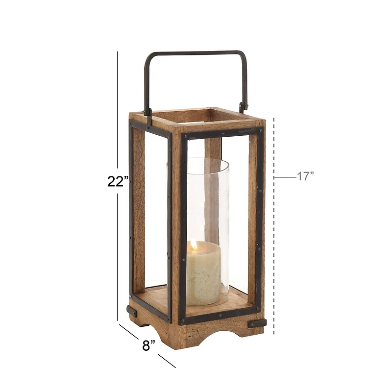 Natural Brown Mango Wood Traditional Candle Holder Lantern, 22" x 8" x 8"
